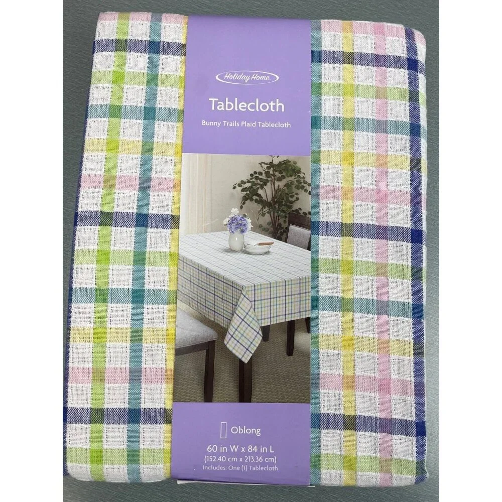 HOLIDAY HOME Spring Easter Cotton Yellow Pink Plaid Tablecloth OBLONG 60''X8